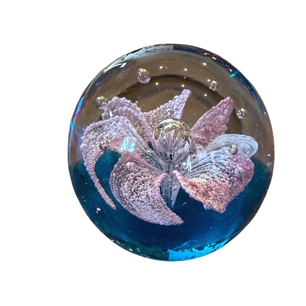 Art Glass Paperweight Pink Flower Controlled Bubbles Blue Base Floral Decor